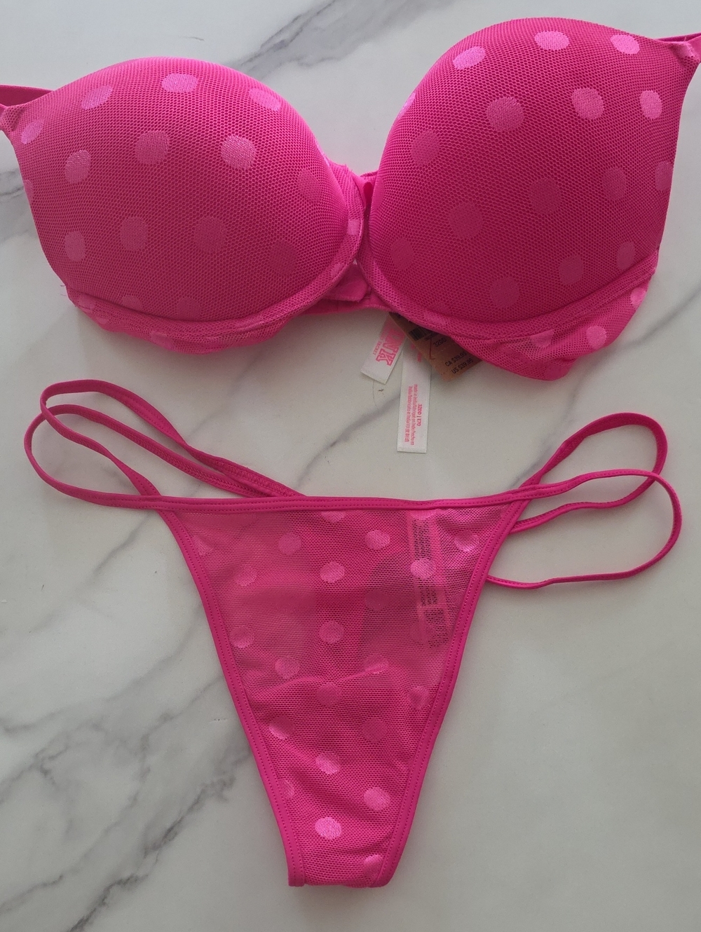 NEW PINK VICTORIA SECRET Polka Dot Push-Up BRA/PANTY SET-32DD/M